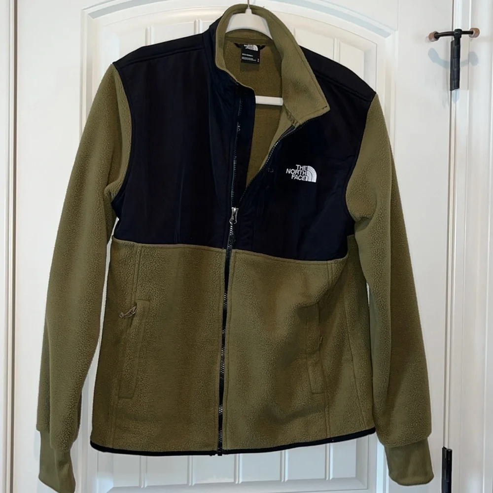 Olive green and black men Northface fleece full zip jacket size M